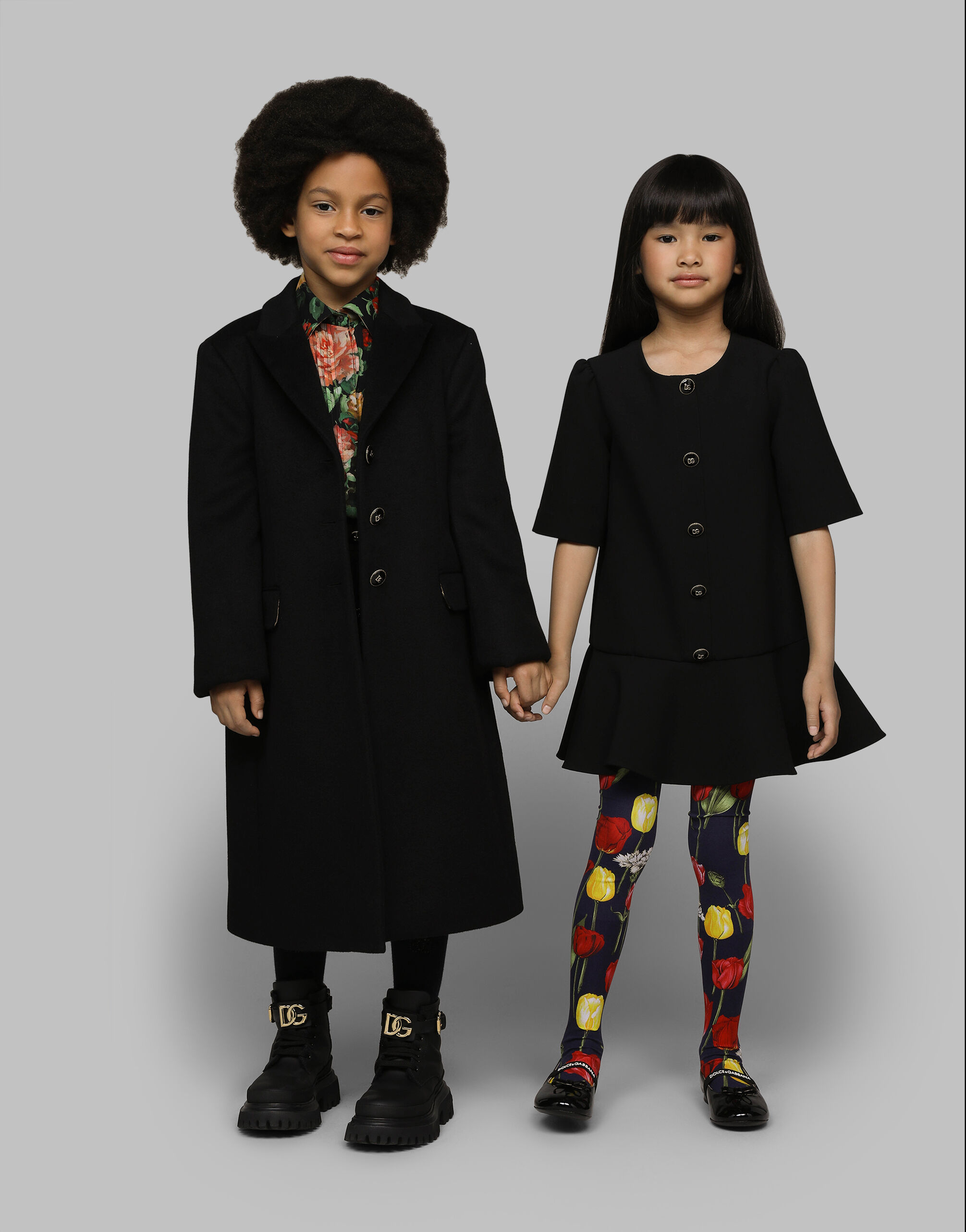 DOLCE&GABBANA ダブルブレスト シルバーボタンウールコート Blackのガールズ ロゴボタン付き ウール シングルブレスト コート