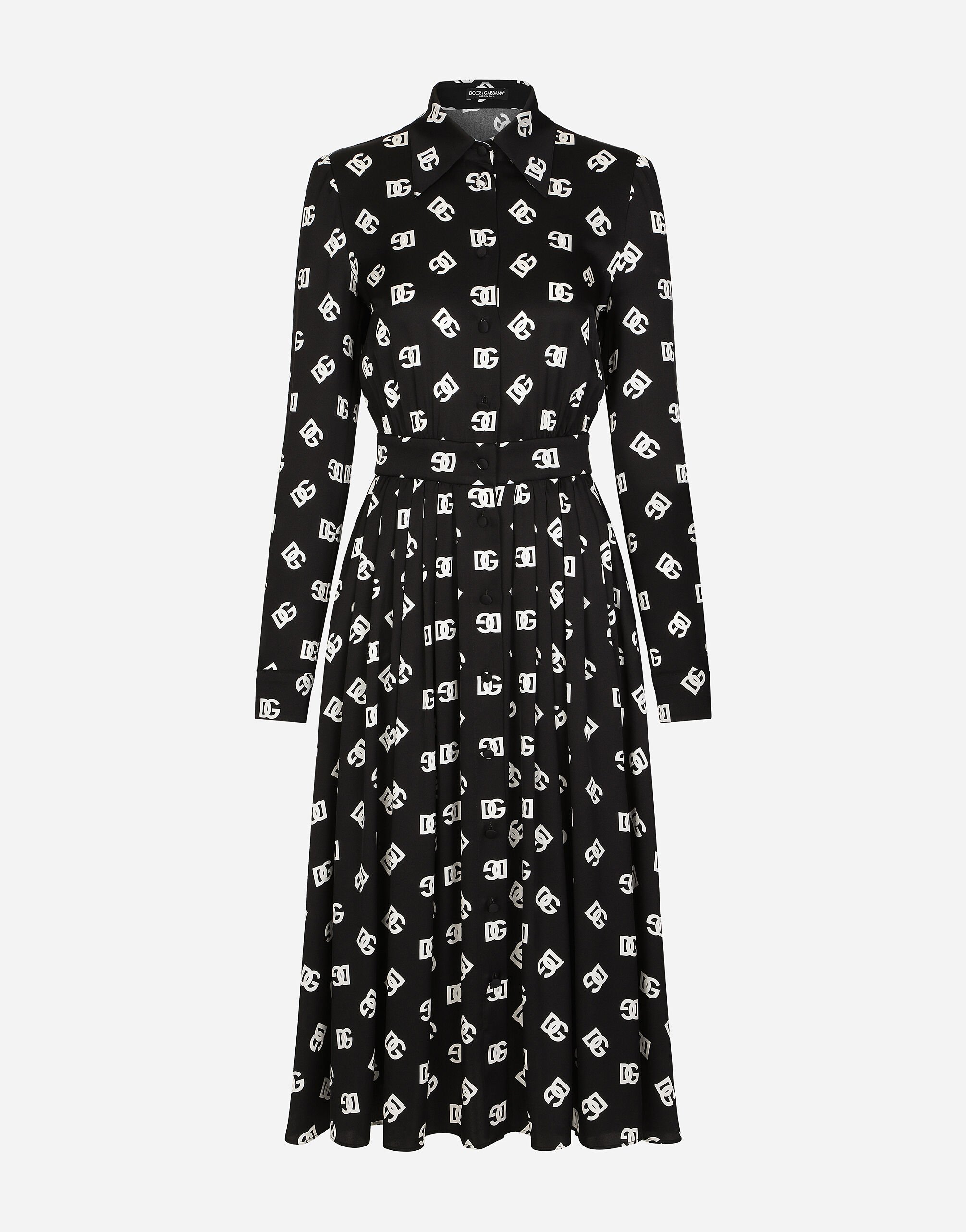 Dolce & Gabbana Longuette-Kleid aus Charmeuse DG-Print allover Weiss F5P62TGDB8O