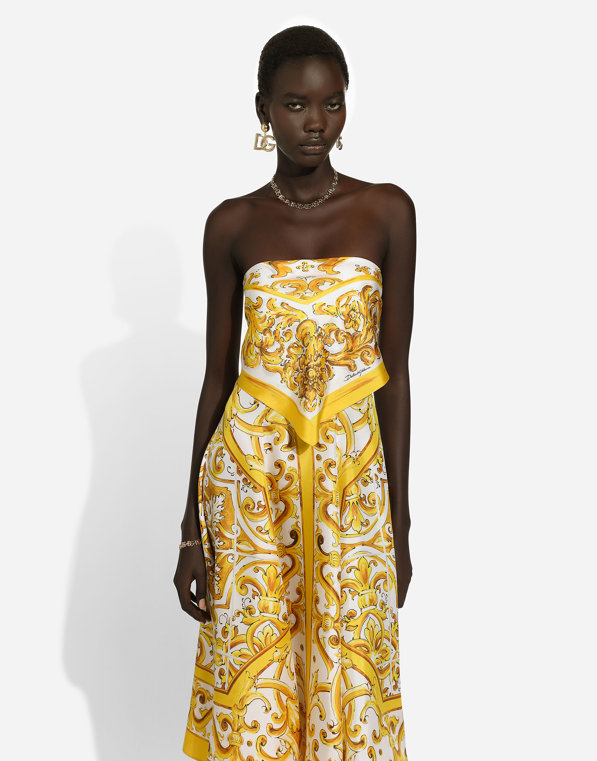 Midi dress with foulard effect in majolica print silk charmeuse in Print for Women Dolce Gabbana US
