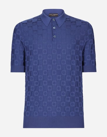 Dolce&Gabbana قميص بولو من جاكار حريري بتصميم مربعات ثلاثي الأبعاد أزرق GW3JATFUFJR