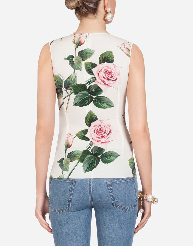 Dolce & Gabbana SLEEVELESS TROPICAL ROSE PRINT CHARMEUSE TOP FLORAL PRINT F73A1TFSAZD