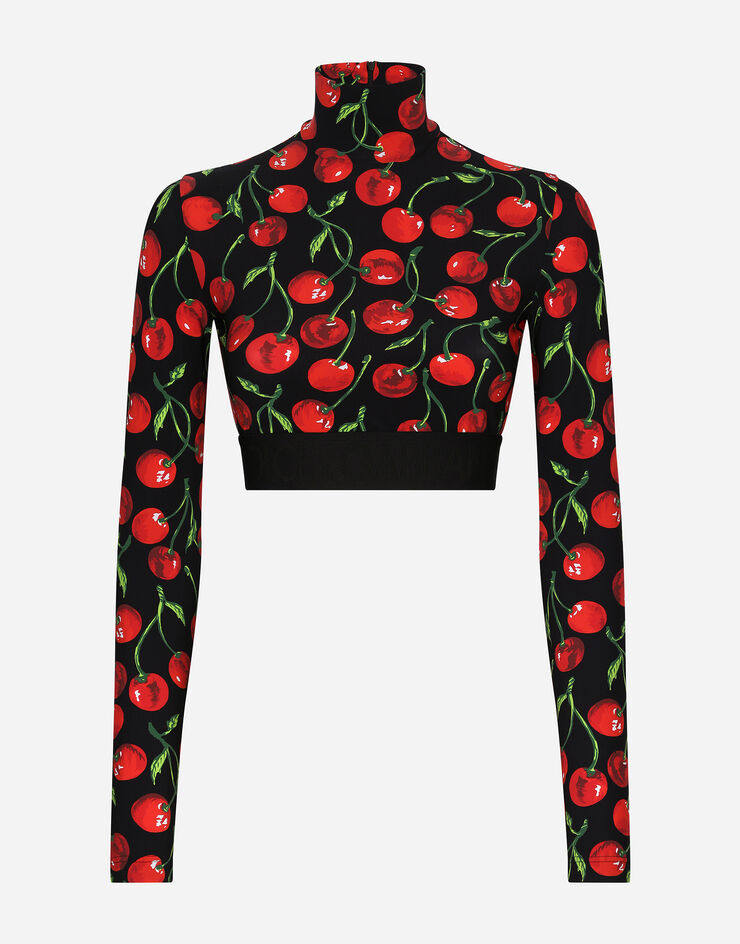 Dolce&Gabbana Cherry-print technical jersey turtle-neck top with branded elastic Multicolor F8R52TFSG54