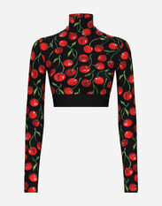 Dolce & Gabbana Cherry-print technical jersey turtle-neck top with branded elastic Green FXZ01ZJBSHY