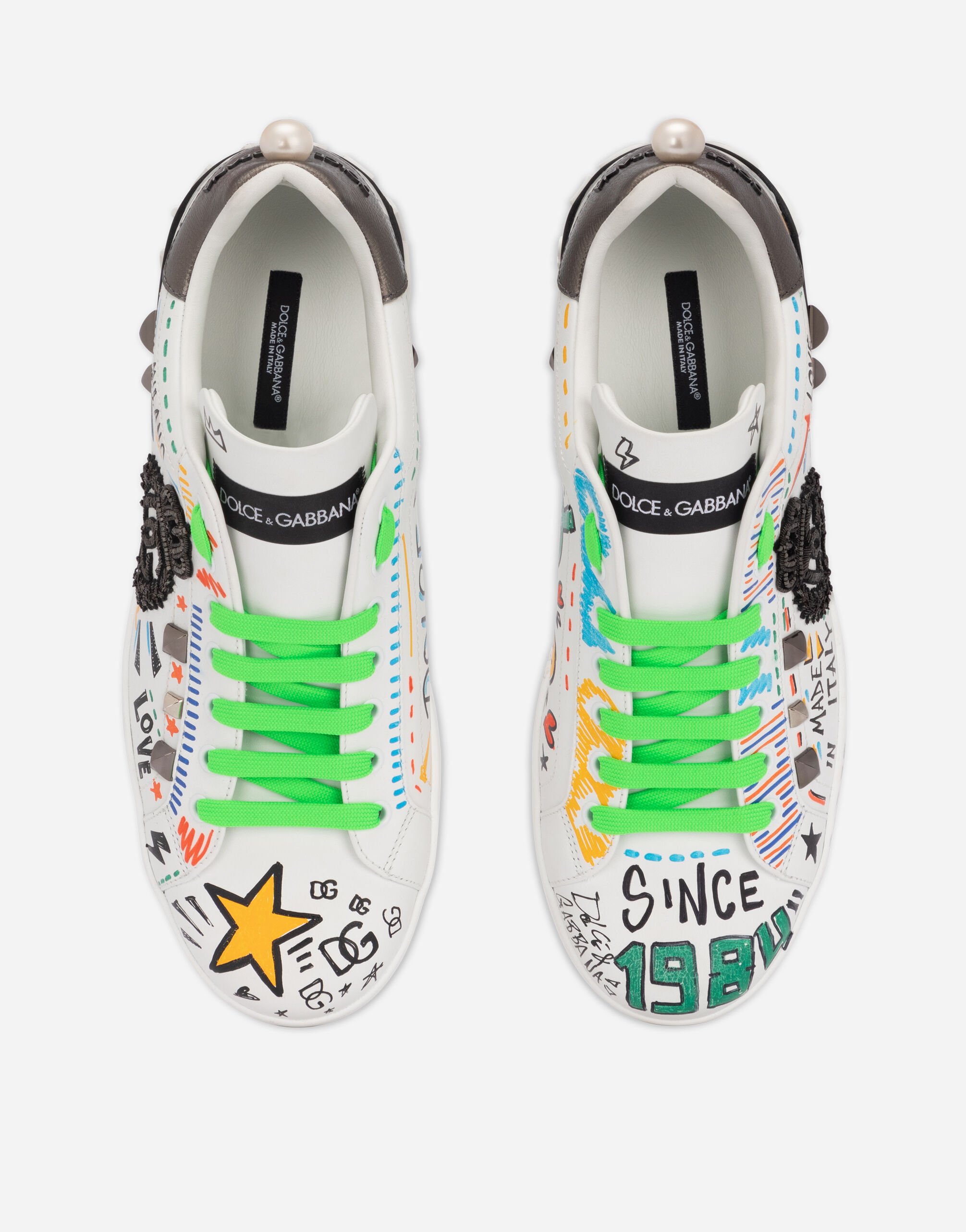 Calfskin Portofino sneakers with embroidery and studs in Multicolor for Men Dolce Gabbana US