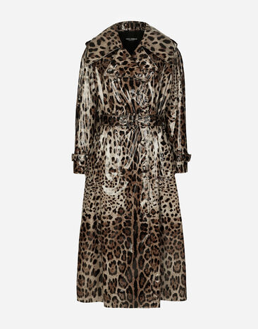 Dolce & Gabbana Trenchcoat aus beschichtetem Satin Leoprint Black F0D1OTFUMG9