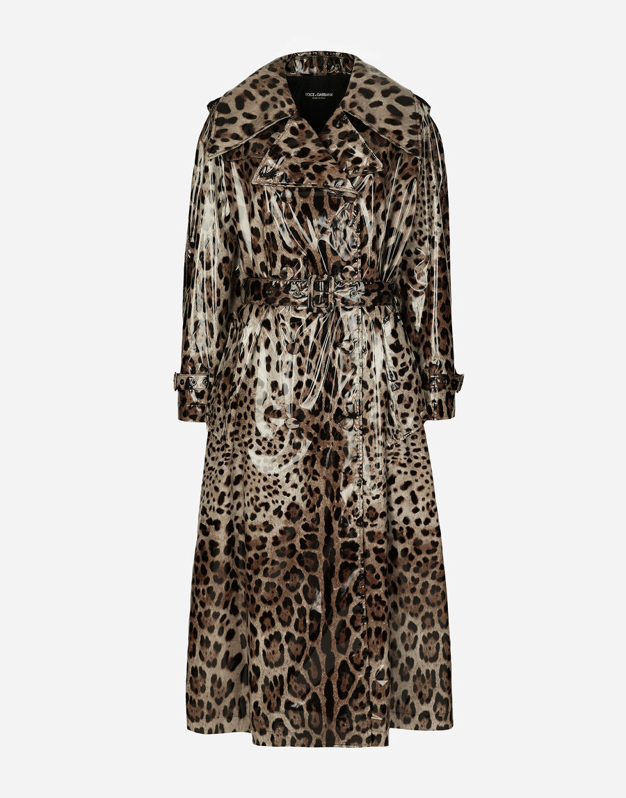 Leopard-print coated satin trench coat