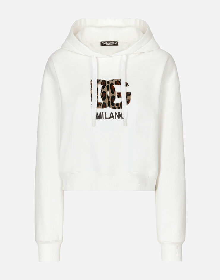 Dolce&Gabbana Jersey hoodie with carpet-stitch DG patch White F9R29ZGDBZS