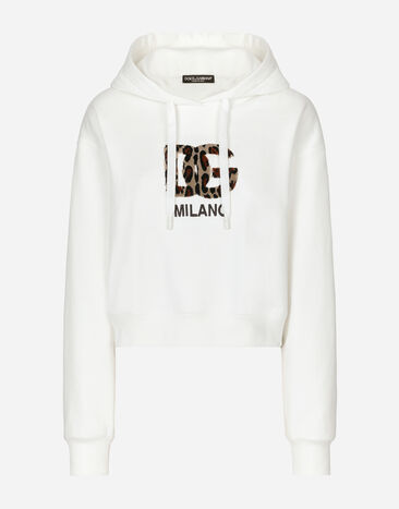 Dolce & Gabbana Sweat-shirt en jersey avec capuche et écusson DG en point noué Blanc F8T00ZGDCBT