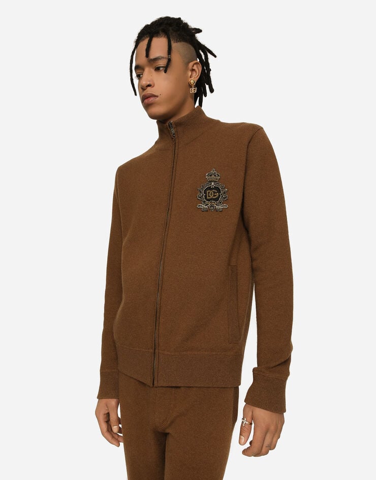 Dolce&Gabbana Sudadera en punto de lana y cachemira con cremallera y parche DG  Marron GXQ54ZJFMQ2