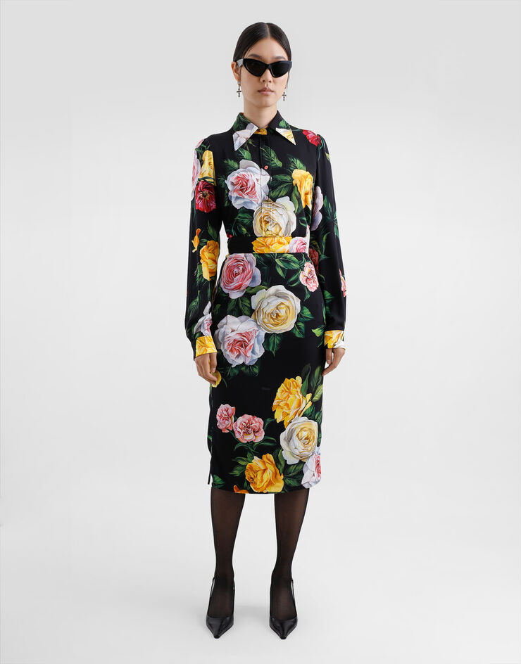 Dolce & Gabbana قميص شارميوز بطول للربلة وطبعة وردة وزهرة الفاوانيا مطبعة F5S48TFSA7B