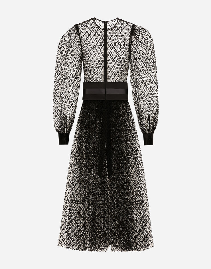 Dolce & Gabbana Longuette-Kleid Netzgewebe mit Gürtel aus Wollkrepp Schwarz F6JOITILMBE