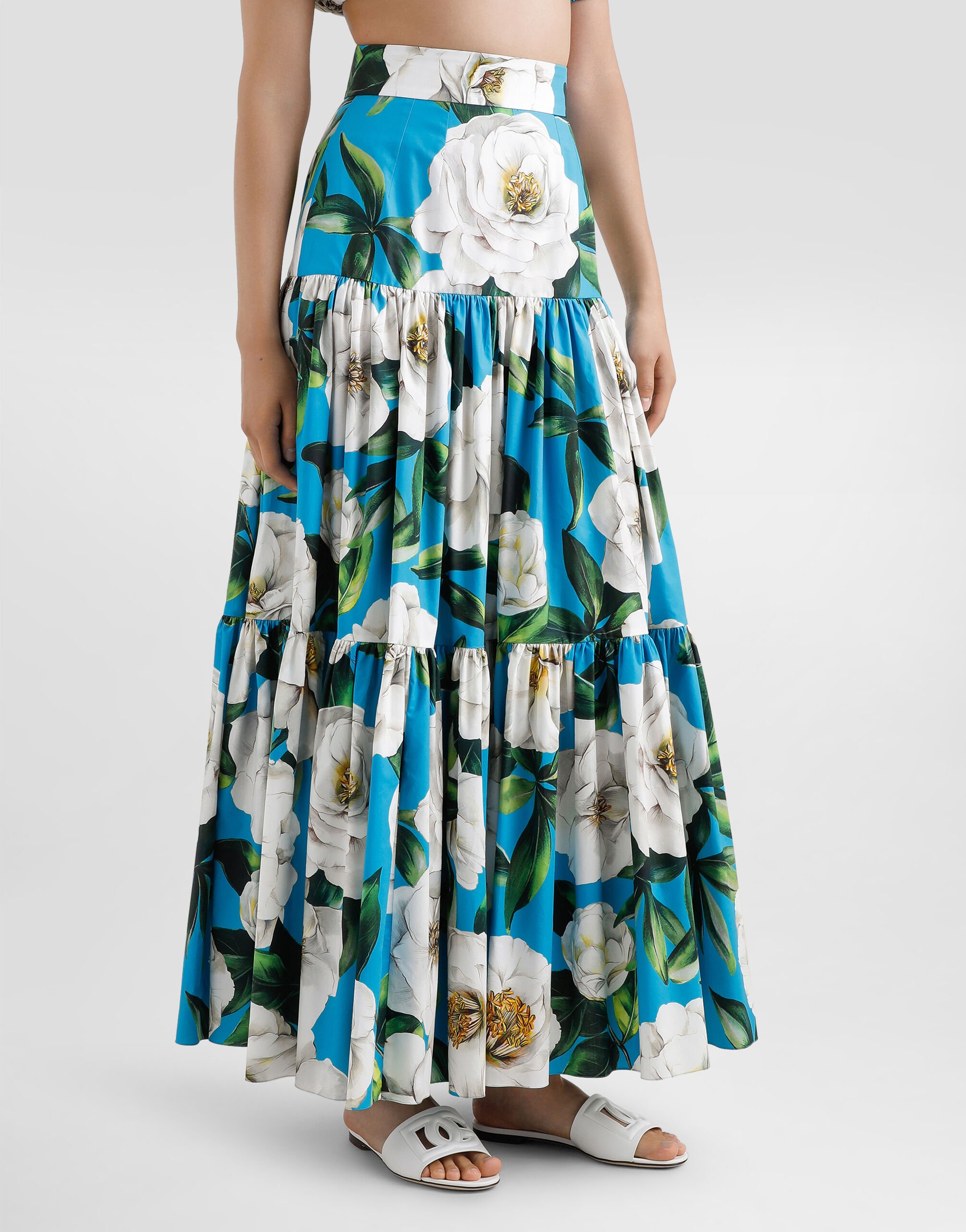 Long ruffled skirt in gardenia-print cotton in Print for