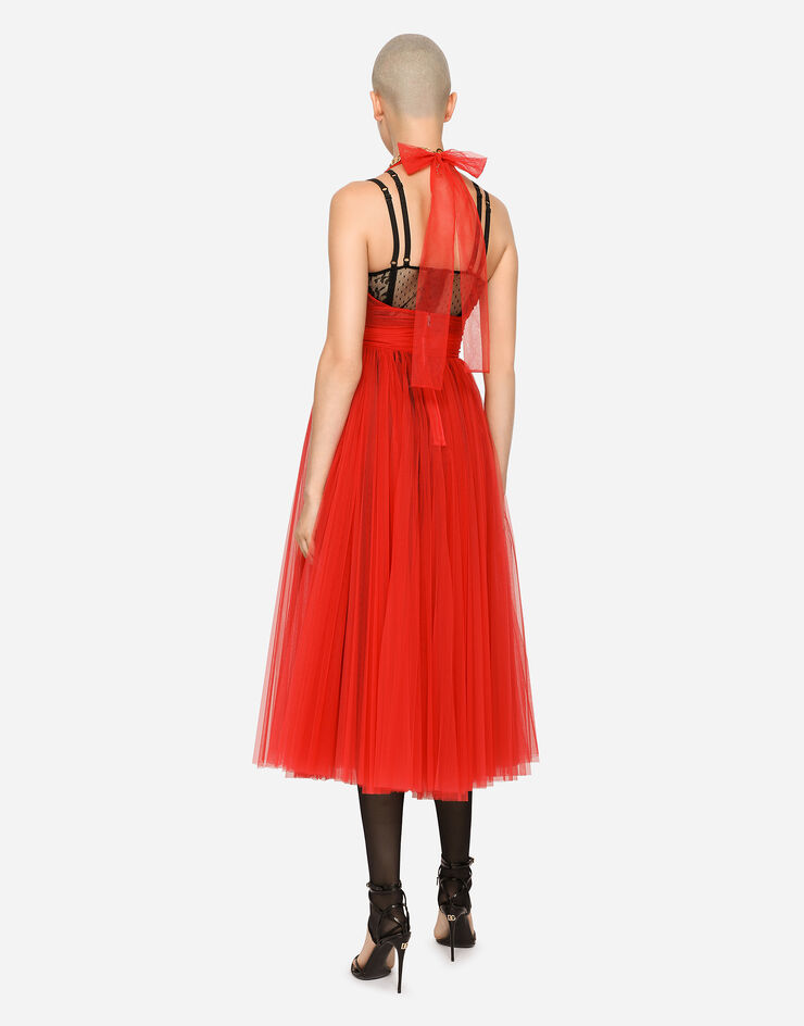 Dolce & Gabbana Tulle calf-length dress with sunray pleats Red F6R8HTHLM0U