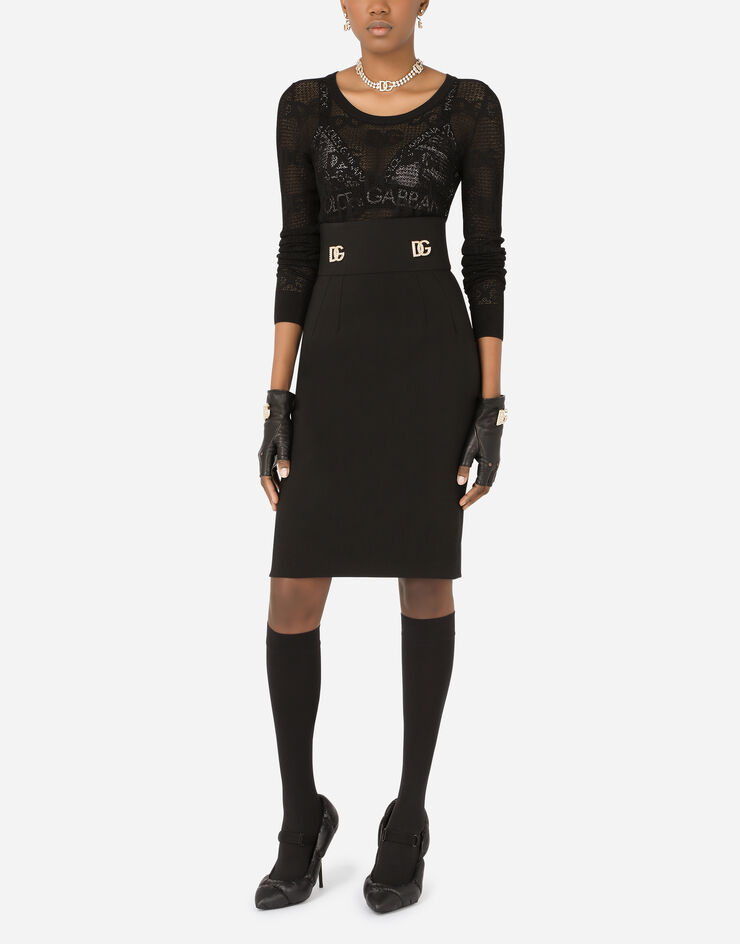 Dolce & Gabbana Long-sleeved lace-stitch sweater with DG logo Black FXD69TJAIEK
