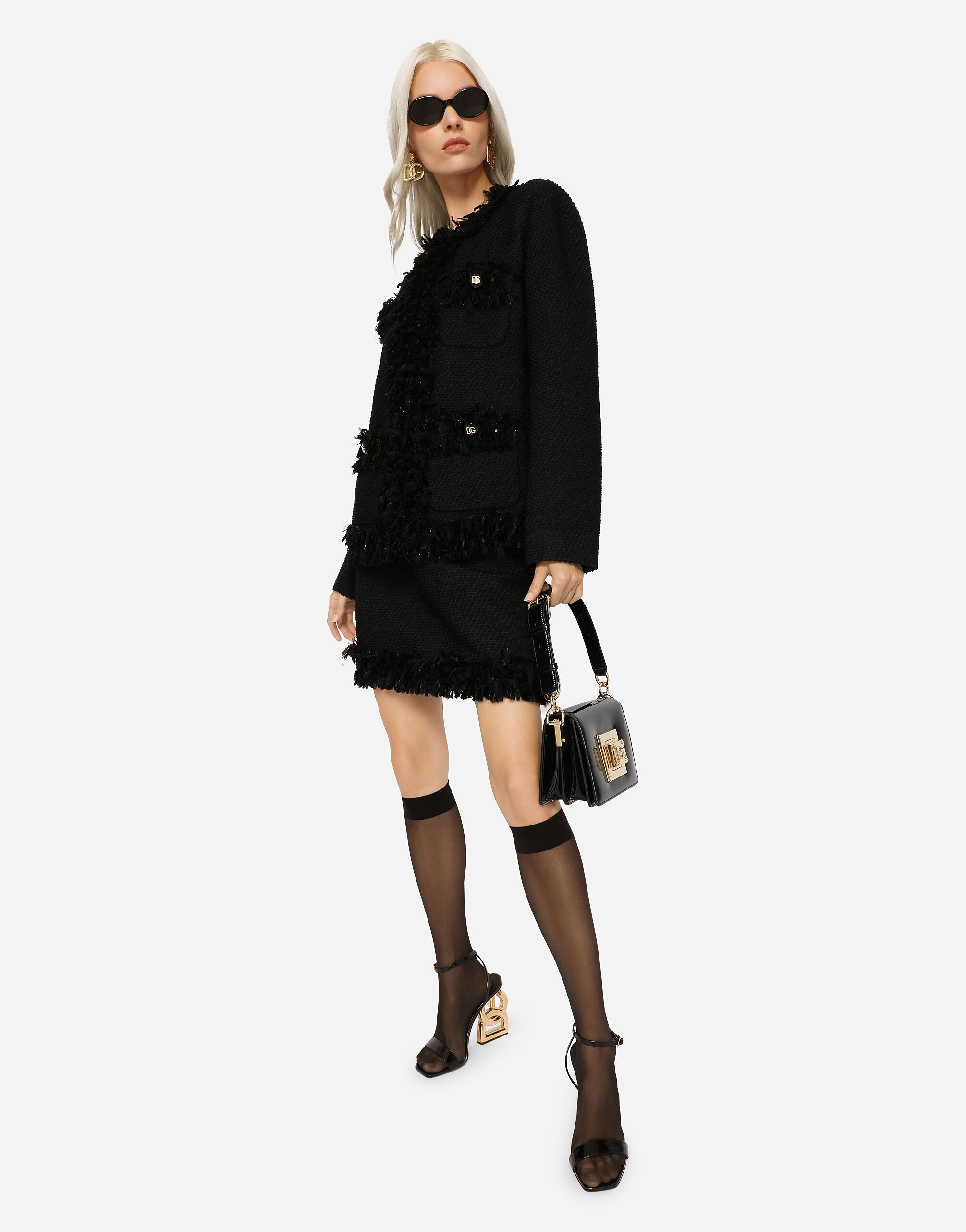 Dolce & Gabbana★Glitter boucle single-breasted short jacket Cropped single-breasted bouclé tweed jacket with bejeweled