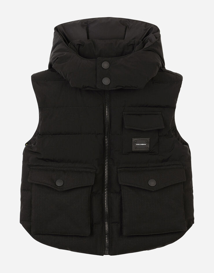 Dolce & Gabbana Sleeveless nylon down jacket with hood Black L4JB2ZG7A5Y