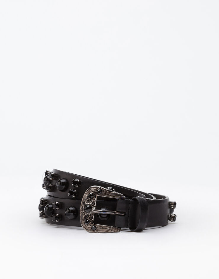 Dolce & Gabbana GOLD BOX CALFSKIN BELT WITH RHINESTONE EMBROIDERY AND RIVETS NERO BC4426AX738