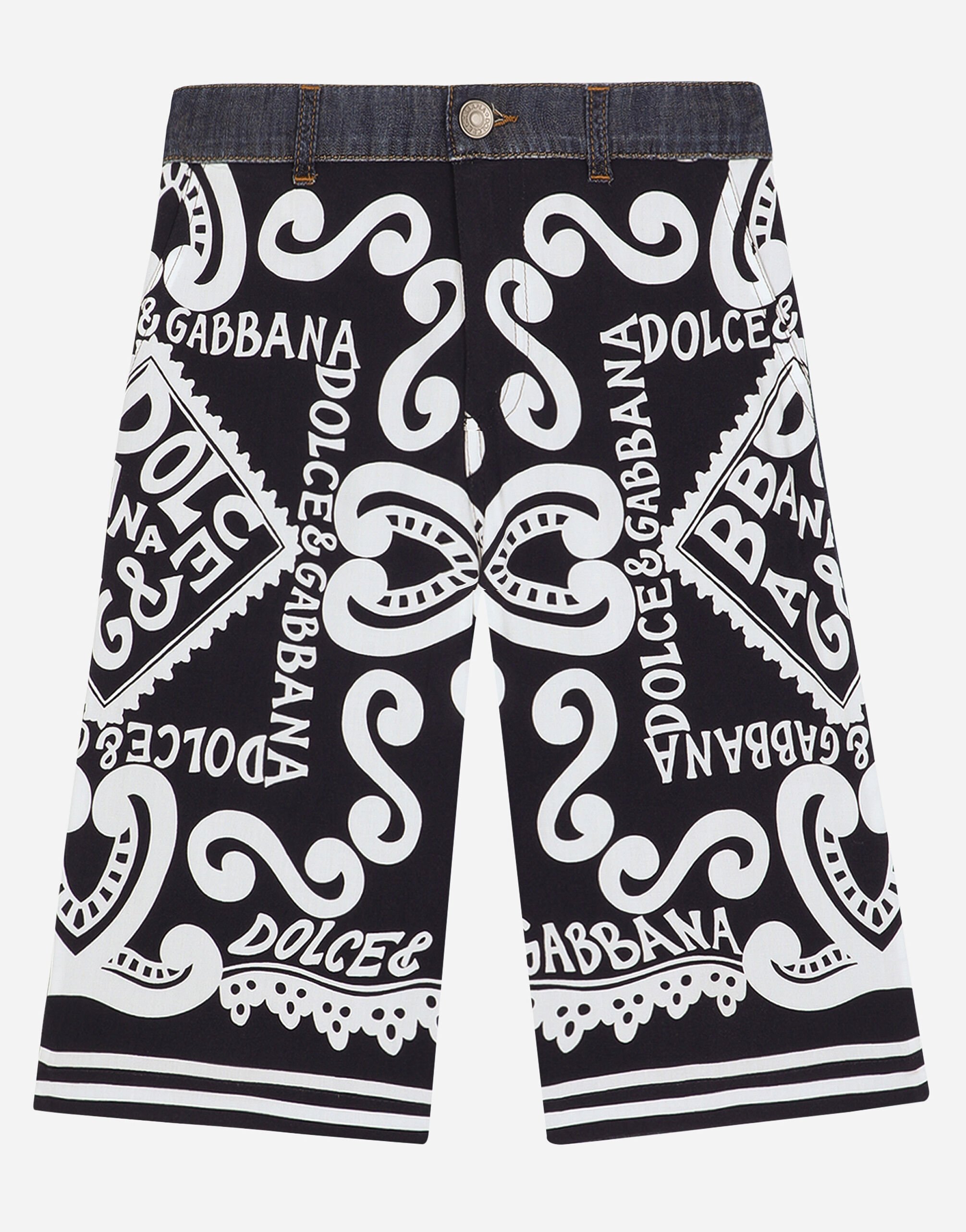 Dolce & Gabbana 5-pocket denim and batik shorts with Marina print Verde L4JQR1G7M4R