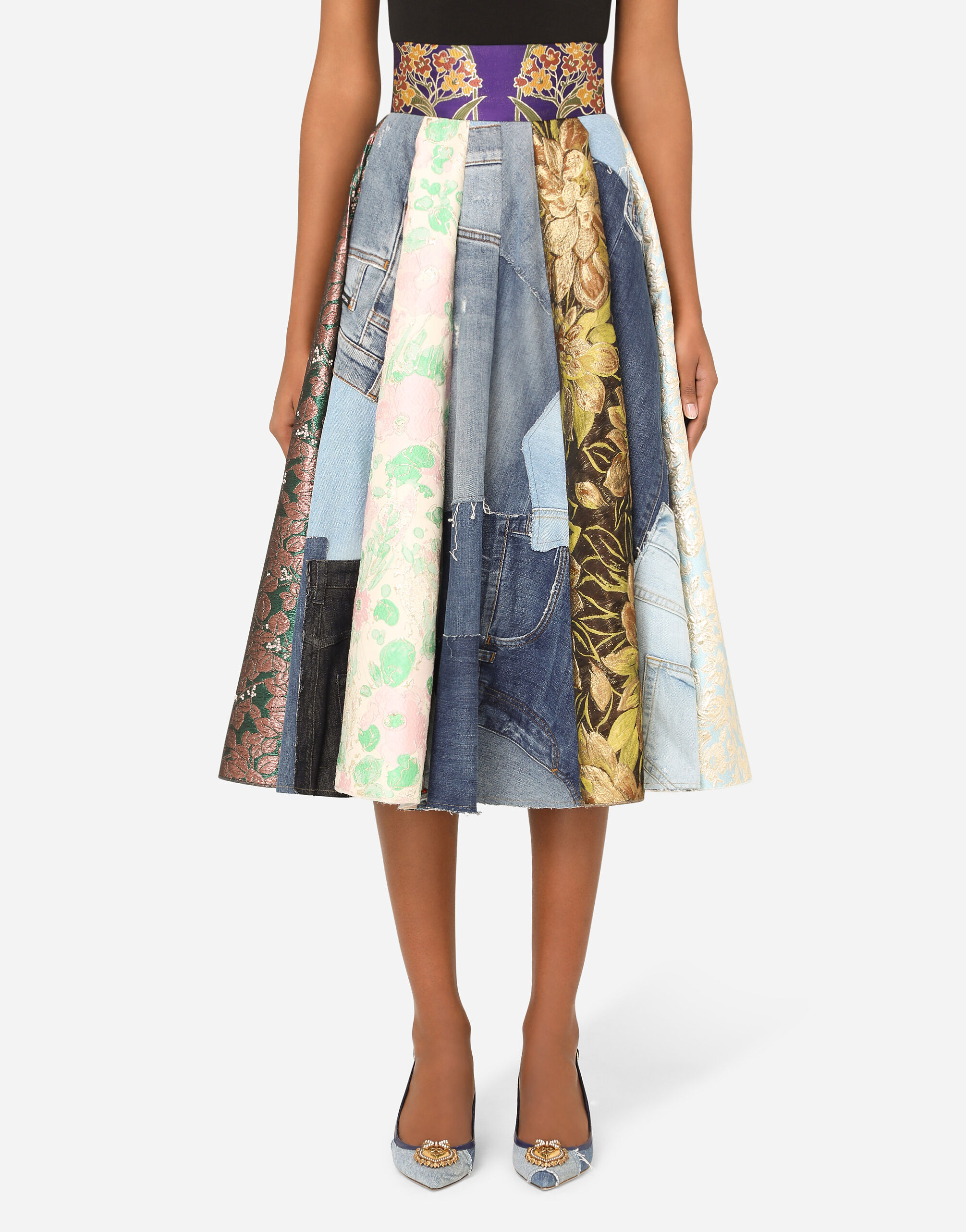 Patchwork denim and jacquard midi skirt