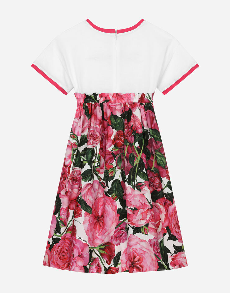 Dolce & Gabbana Kleid aus Jersey und Popeline mit Rosenprint auf weißem Grund Drucken L5JD9HG7NZR
