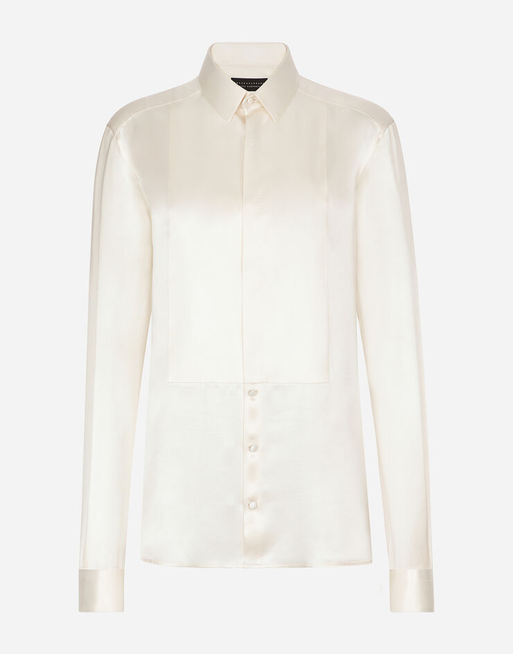 Dolce & Gabbana قميص حريري بتصميم قميصي في الأمام أبيض F5R35TFU1AU