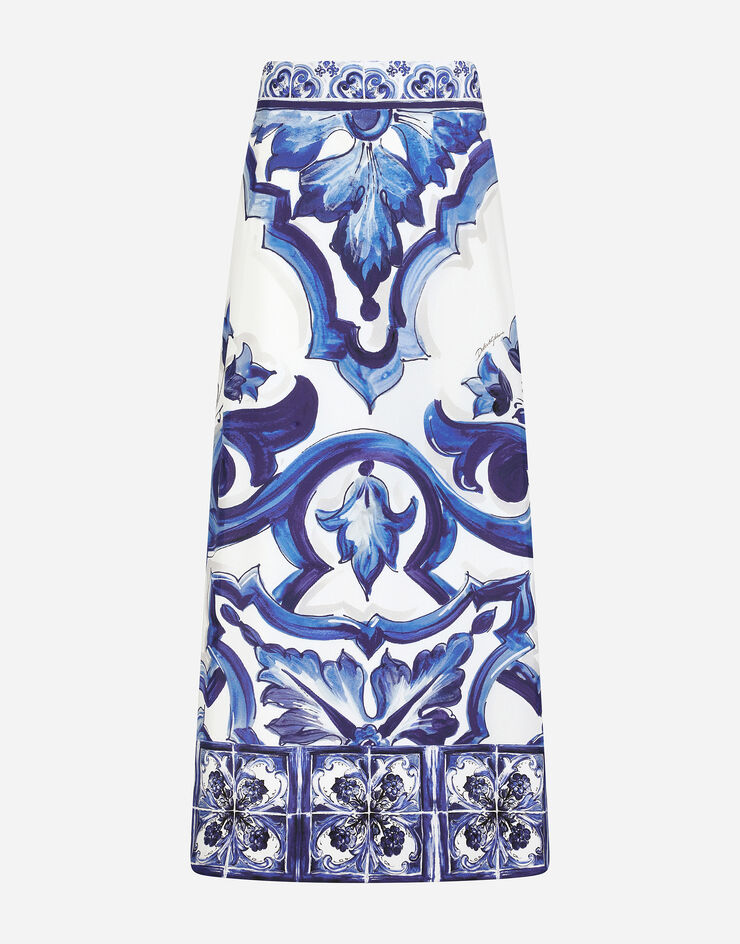 Dolce&Gabbana Gonna longuette in charmeuse stampa maiolica con spacco Multicolore F4CEMTHPABX