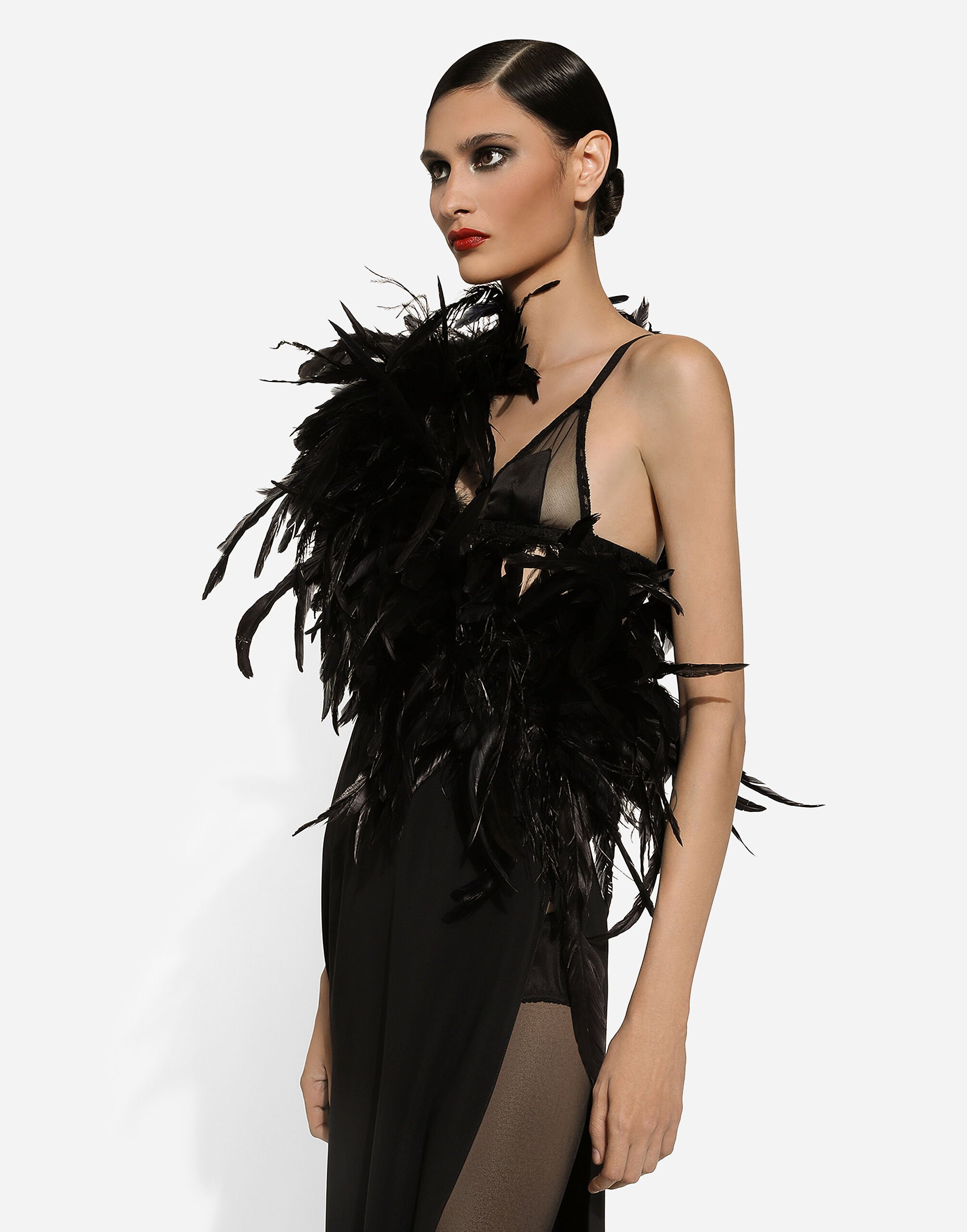 【送料0円】 Long one-shoulder stretch cady dress with feathered neckline トップス