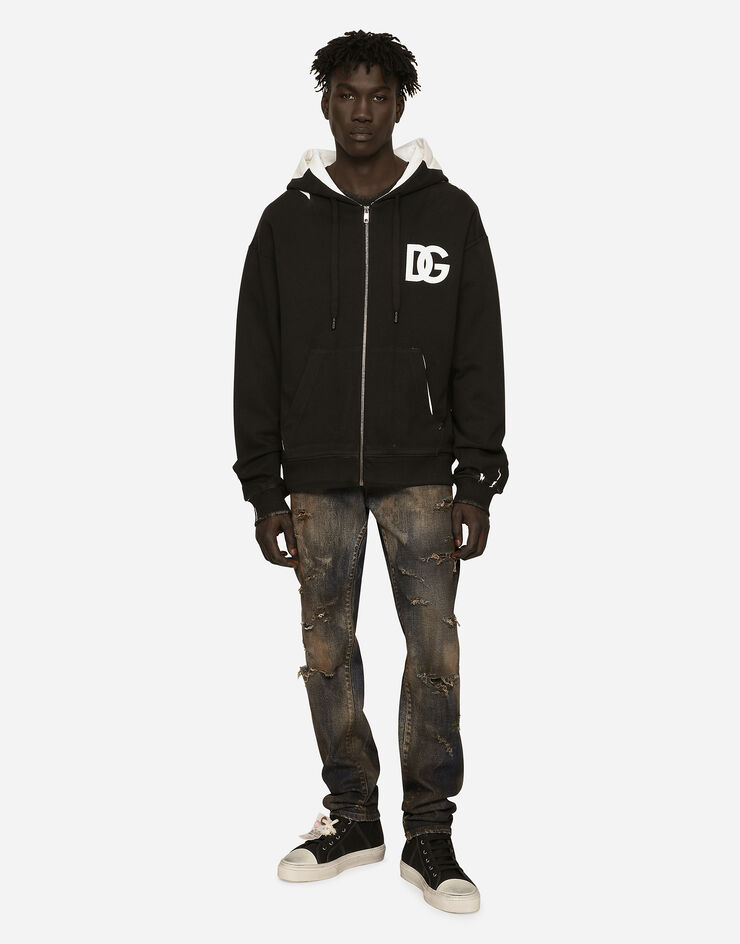 Dolce&Gabbana Felpa jersey cappuccio e zip stampa logo DG Nero G9AIYTG7JJ7