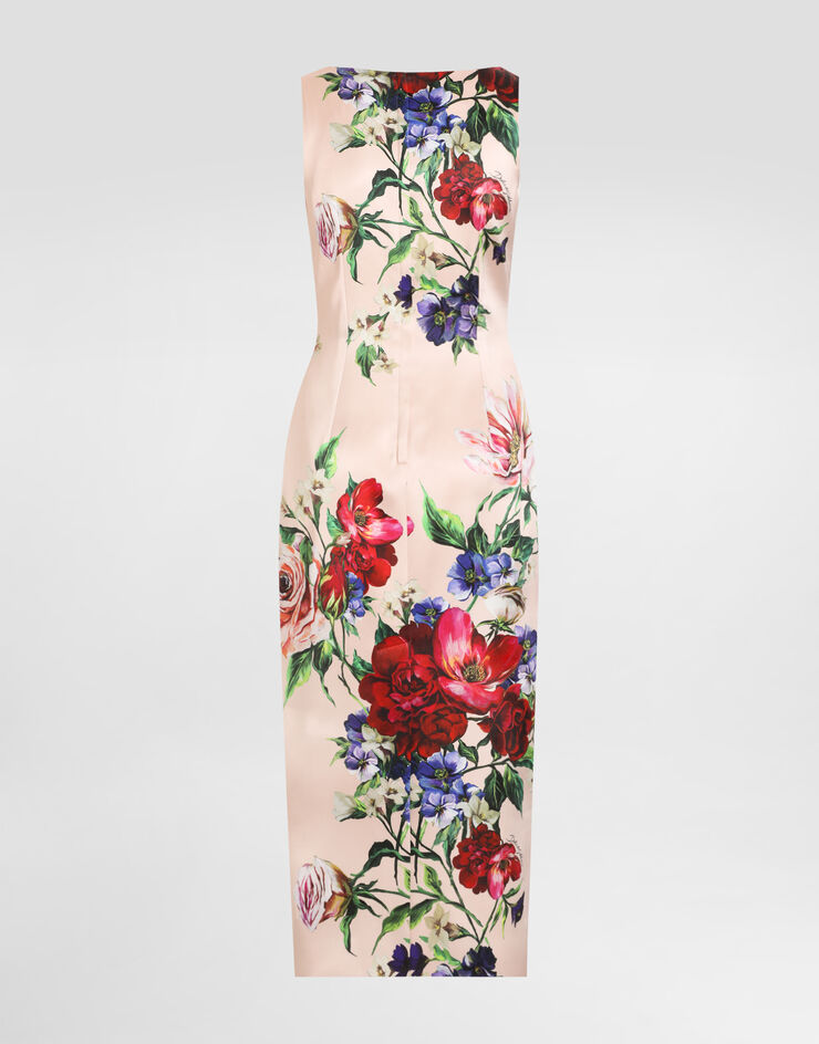 Dolce & Gabbana Abito longuette a tubino in raso stampa Fiori Stampa F6TTYTFSIB5
