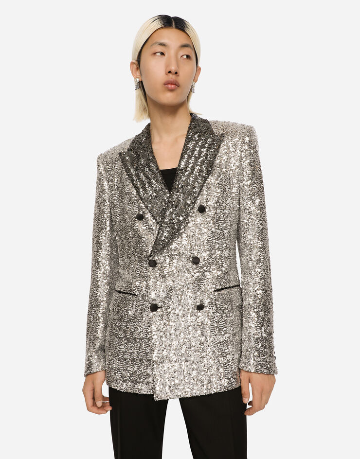 Dolce & Gabbana Double-breasted sequined Sicilia-fit jacket Silver G2PZ6TFLM7Q