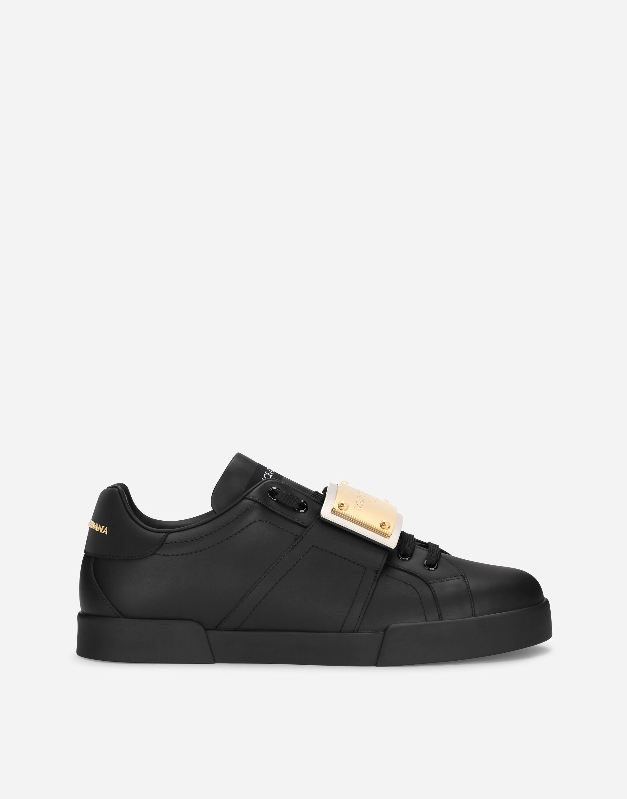 Zapatilla Portofino en piel de becerro con placa con logotipo en Negro de Hombre Dolce Gabbana