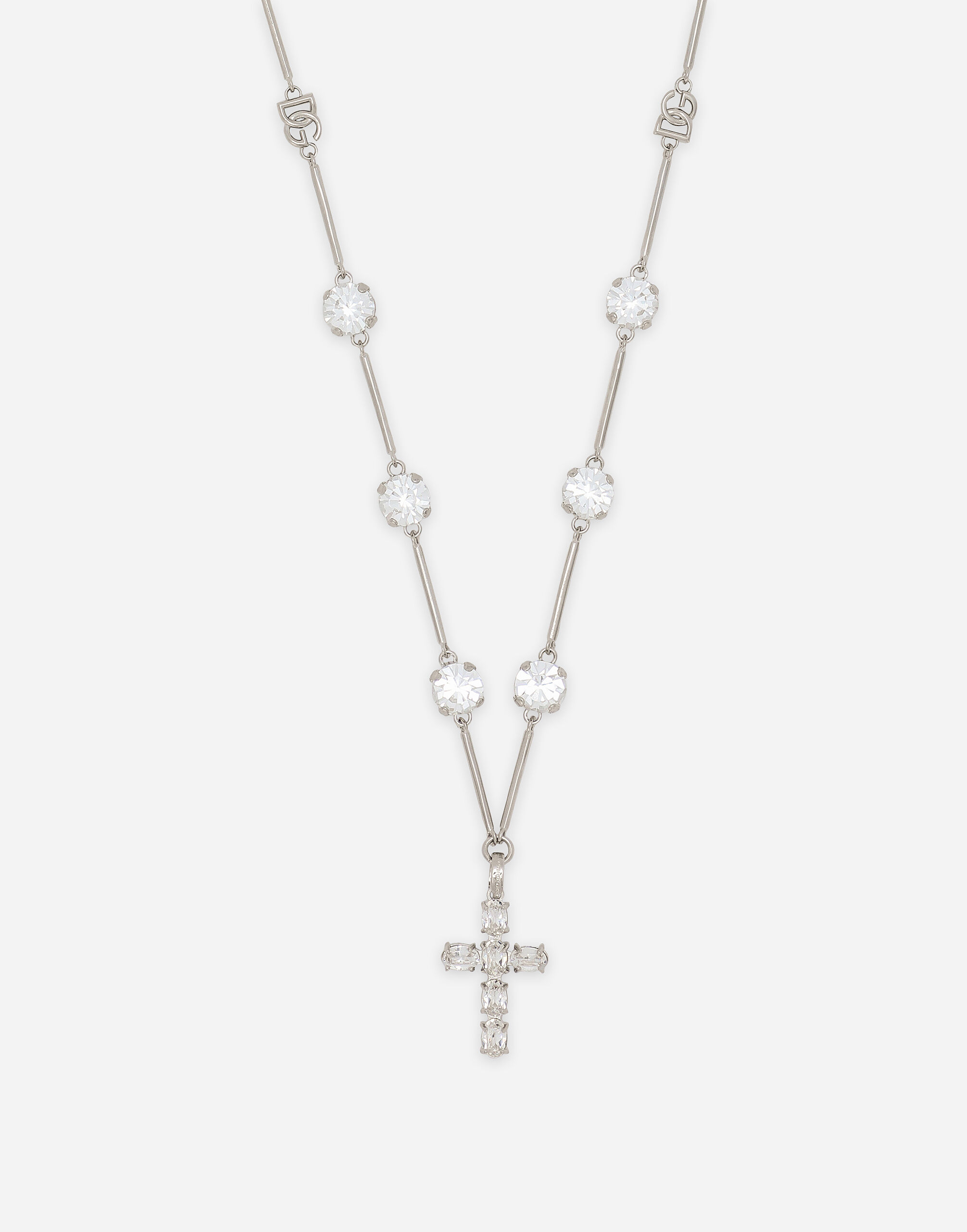 Rosary style necklace with rhinestone detailed crosses in Crystal