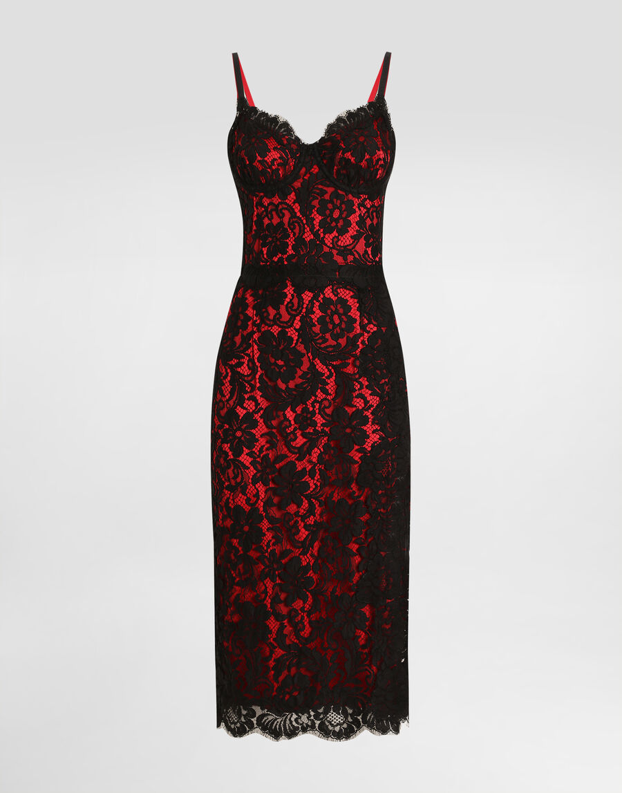 Calf-length floral lace slip dress with contrasting lining