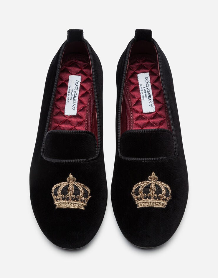 Dolce & Gabbana Velvet slippers with crown patch Black DA0687AE328
