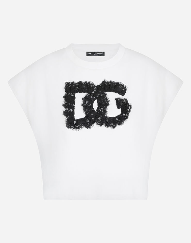 Dolce & Gabbana Cropped jersey T-shirt with lace DG embellishment White F8O55ZG7BFJ