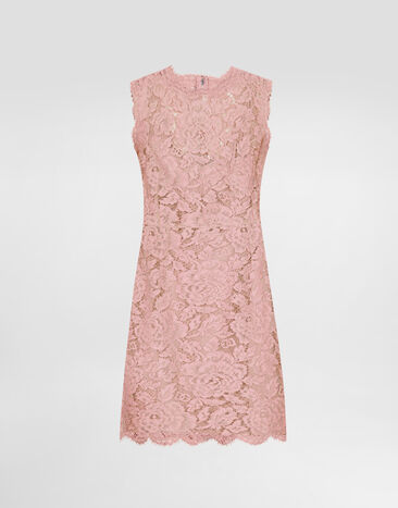 Dolce & Gabbana Sleeveless floral lace A-line dress with DG logo Pink F6ATYTHLM7L