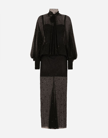 Dolce & Gabbana Vestido largo con mangas amplias de tul con bordado de termostrass Negro F6DIXTFLSIT