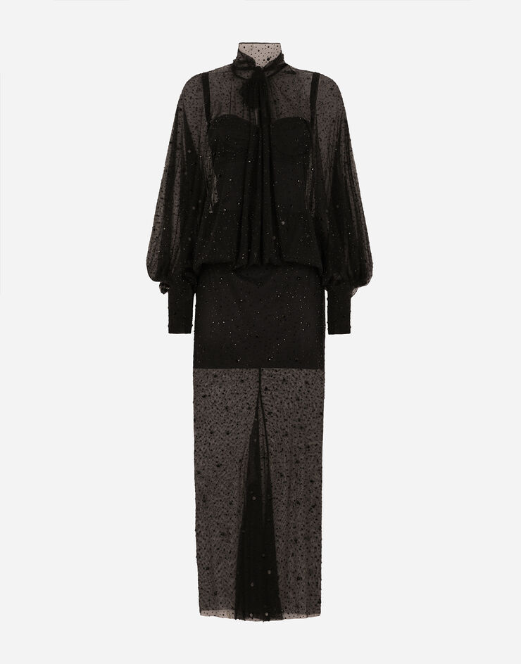 Dolce & Gabbana Vestido largo con mangas amplias de tul con bordado de termostrass Negro F6DIXTFLSIT