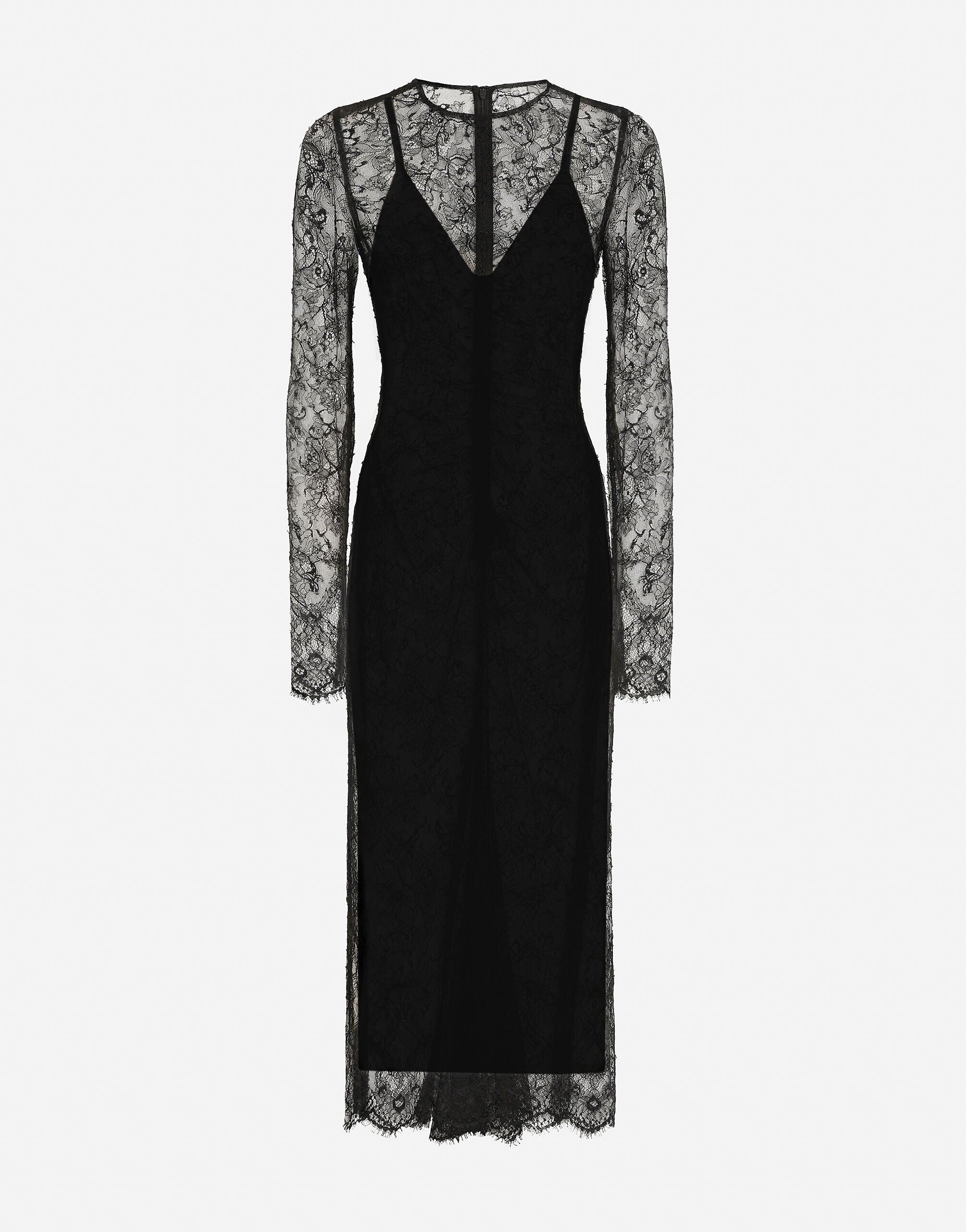 Dolce&Gabbana Vestido longuette de encaje Chantilly de fil coupé Negro F6DKITFU1AT