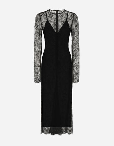 Dolce & Gabbana فستان بطول للربلة من دانتيل شانتيل فيل كوبيه أسود F6DEHTHLM9O