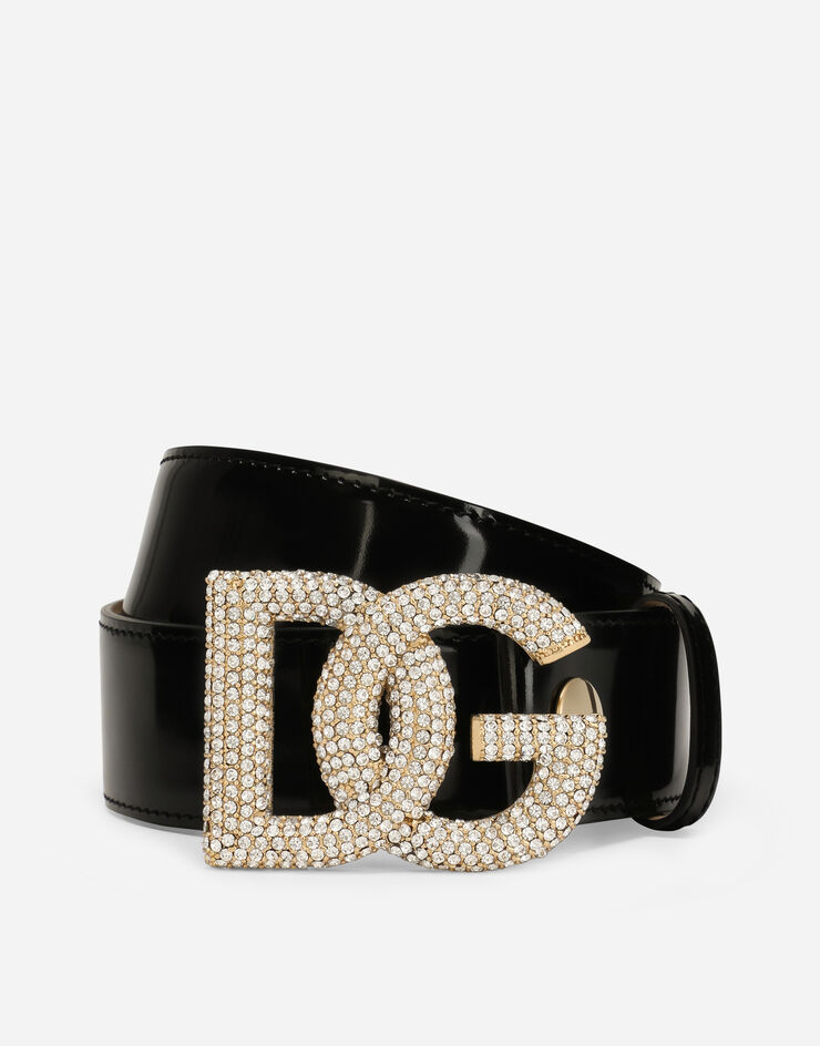 Dolce & Gabbana Gürtel aus glänzendem Kalbsleder mit DG Crystal Schwarz BE1523A1037