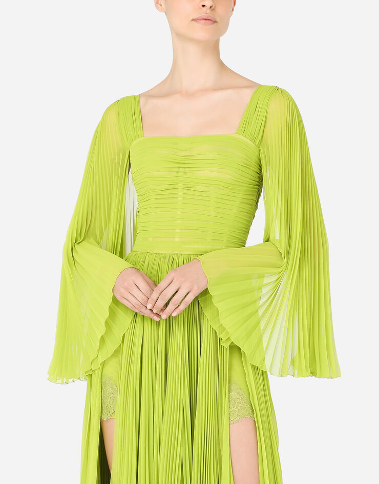 Dolce & Gabbana Vestido largo en chifón plisado soleil Verde F6K4BTFUSMU