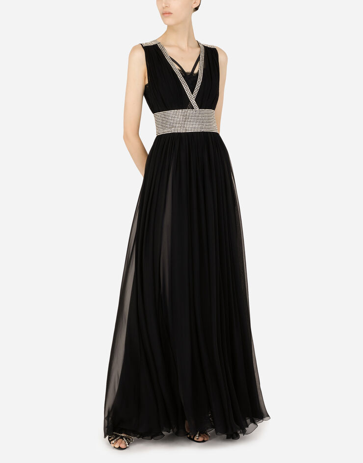 Dolce & Gabbana Robe longue en mousseline avec broderie de strass thermocollants Noir F6ZO1ZGD32T