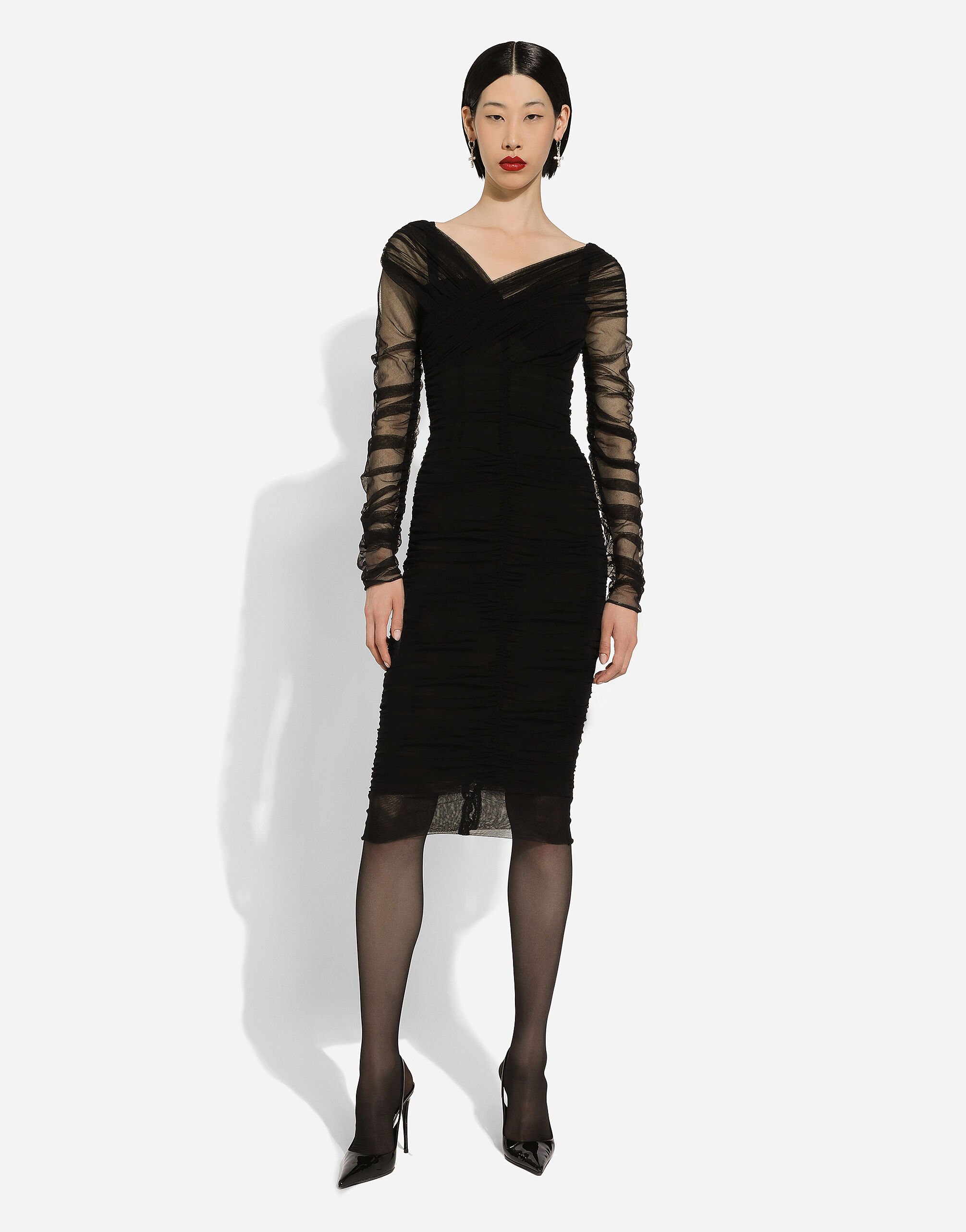 Draped midi dress in cotton tulle in Black for Women Dolce Gabbana