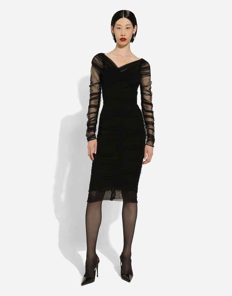Dolce & Gabbana Vestido longuette drapeado en tul de algodón Negro F6G8QTFLEAA