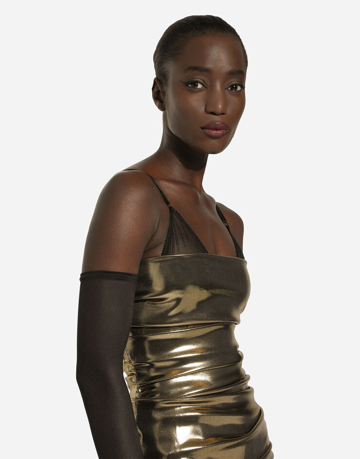 Dolce&Gabbana Foiled satin strapless calf-length dress Gold F6DHITFURMT