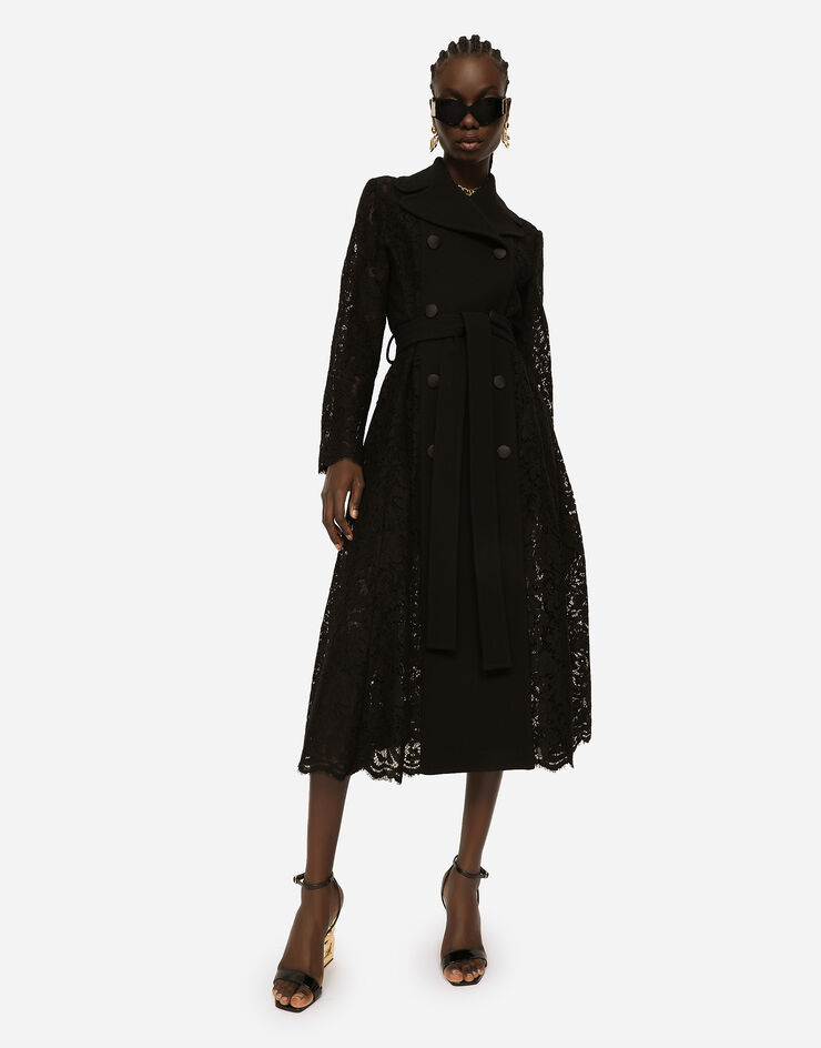 Dolce & Gabbana Manteau croisé en crêpe et dentelle avec ceinture Noir F0AD2THLMTB