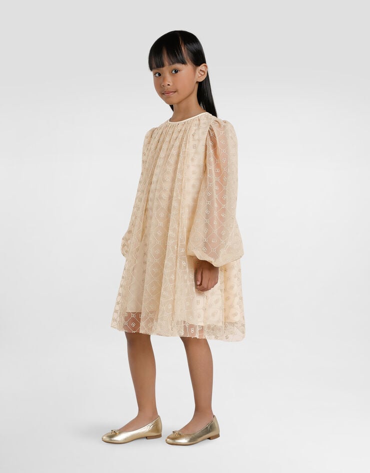 Dolce & Gabbana Long-sleeved dress in embroidered tulle DG Beige L54DH9FLSLY