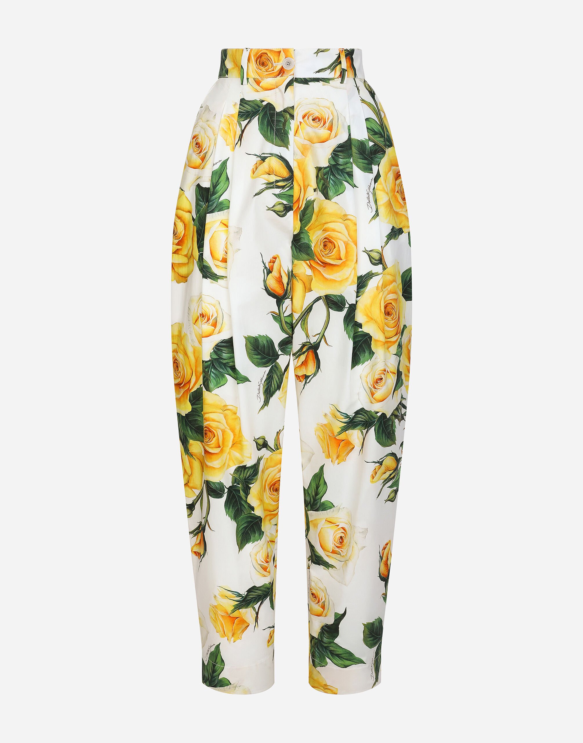 Dolce & Gabbana High-waisted cotton pants with yellow rose print Print FTC3HTHS5Q0