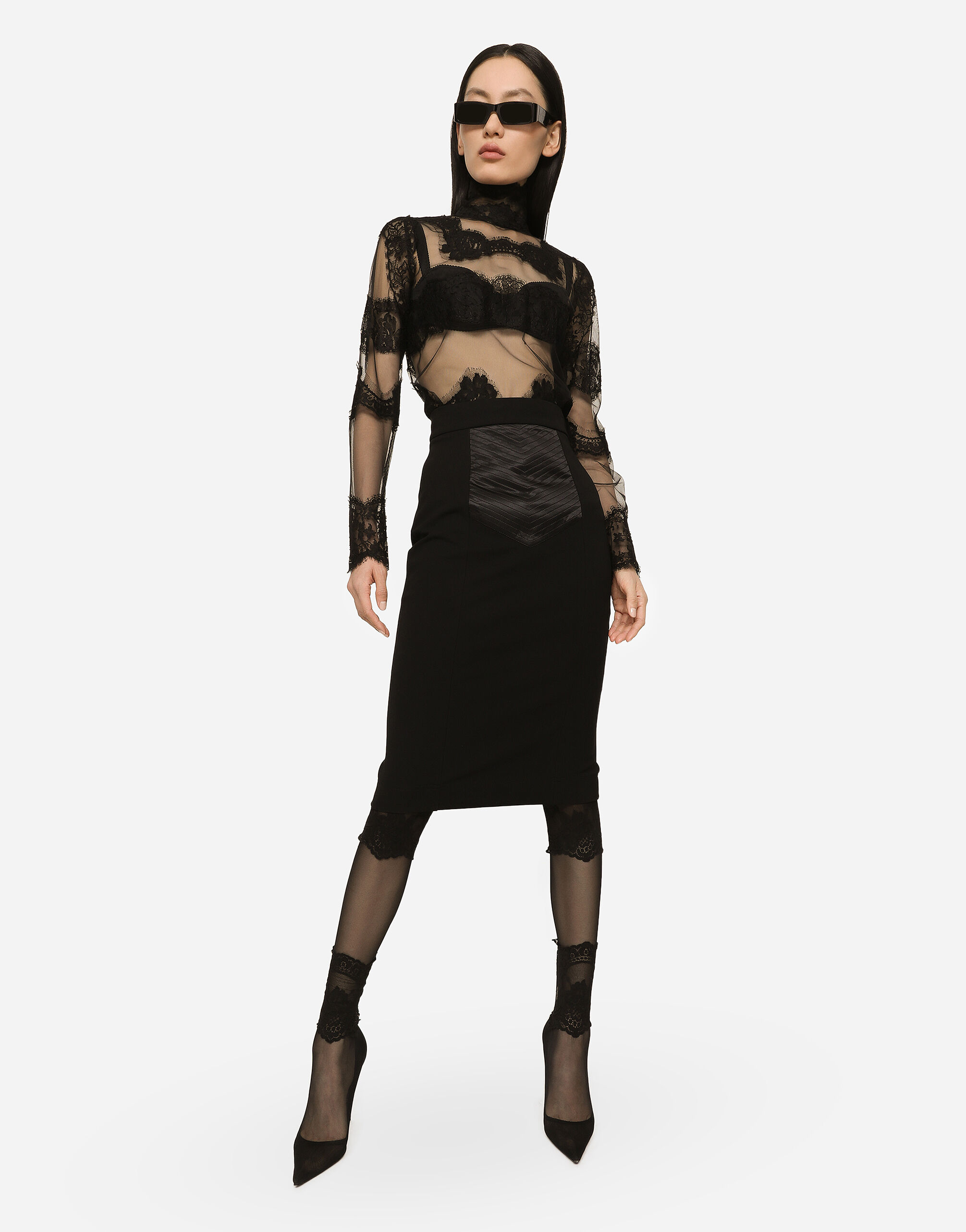 Tulle turtle-neck top with lace inserts in Black for Women